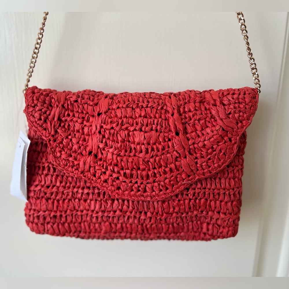 J. Crew Red Woven Scalloped Clutch with Chain - Picture 5 of 9